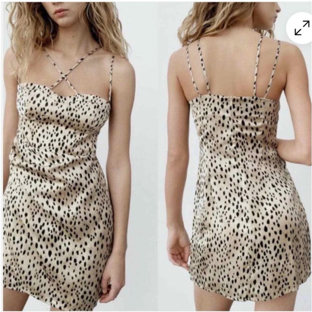 Zara Leopard Print Mini Dress Bustier Ruched Side Double Straps Polyester XS
